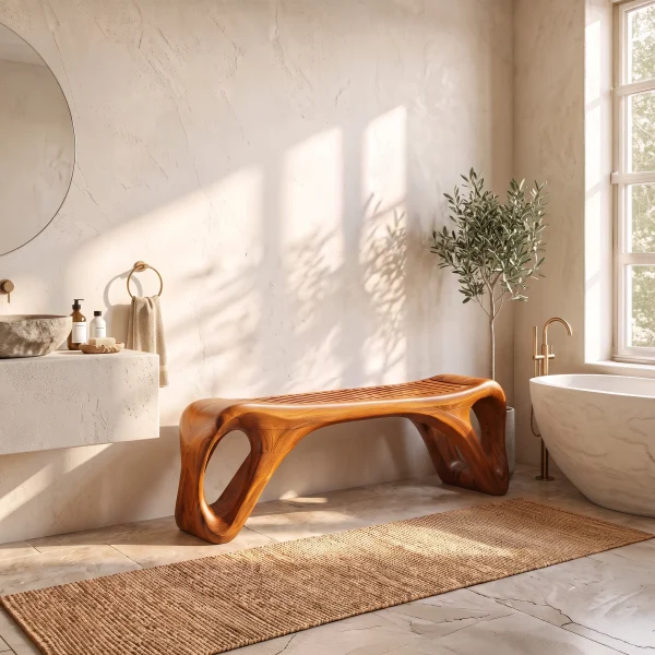 Mid Century Vanity Bench With Rounded Frame And Open Leg Detail For Bathroom