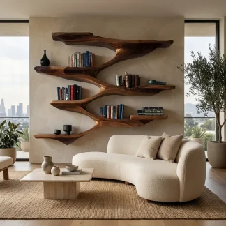 Mid Century Wooden Wall Shelf For Living Room Space