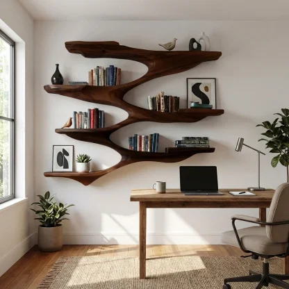Mid Century Wooden Wall Shelf For Living Room Space