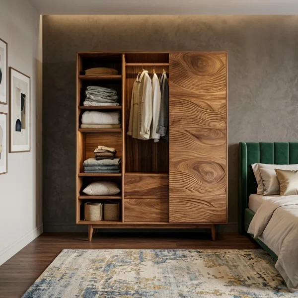 Minimal Wardrobe With Carved Front For Bedroom Space