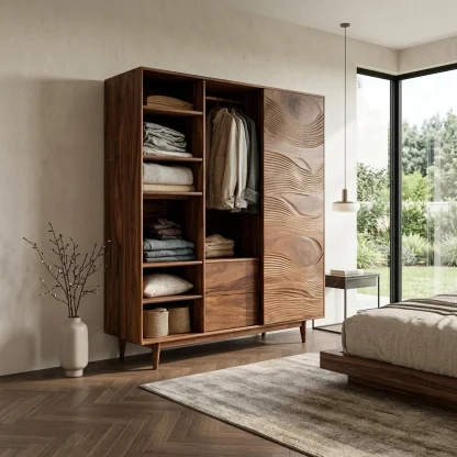 Minimal Wardrobe With Carved Front For Bedroom Space