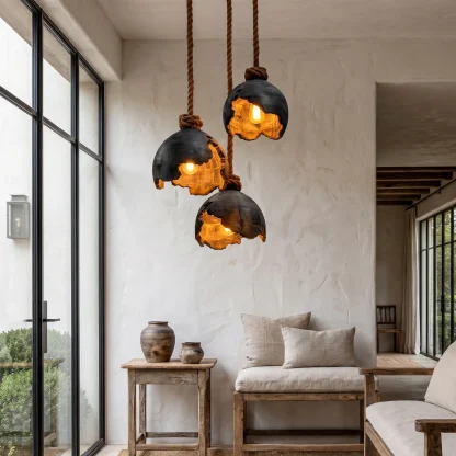 Minimalist Pendant Lamp With Sculptural Wood Design For Living Room