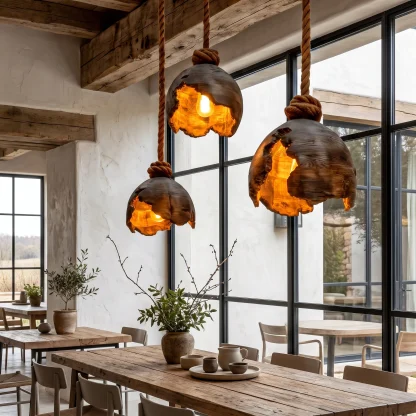 Minimalist Pendant Lamp With Sculptural Wood Design For Living Room