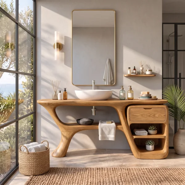 Modern Bathroom Vanity Curved Frame Storage For Spa Bathroom