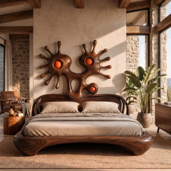 Modern Bed Frame With Sculptural Abstract Headboard For Bedroom