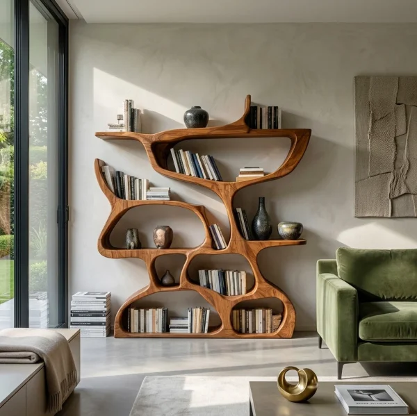 Modern Bookshelf With Organic Carved Design For Living Room Or Office