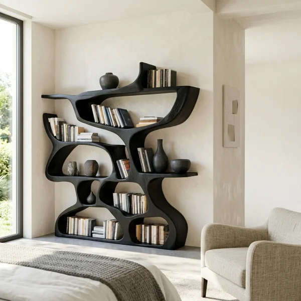 Modern Bookshelf With Organic Carved Design For Living Room Or Office