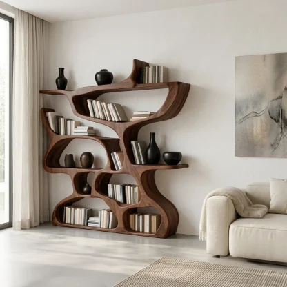 Modern Bookshelf With Organic Carved Design For Living Room Or Office