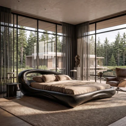 Modern King Bed Frame With Flowing Curved Headboard For Bedroom