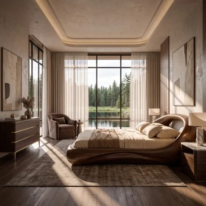 Modern King Bed Frame With Flowing Curved Headboard For Bedroom