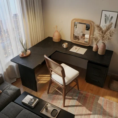 Modern L Shaped Wood Desk With Drawers For Home Office Or Vanity