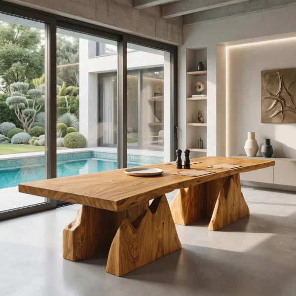 Modern Natural Wood Dining Table Geometric Pedestal For Dining Room