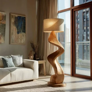 Modern Natural Wood Sculptural Floor Lamp For Living Room Decor