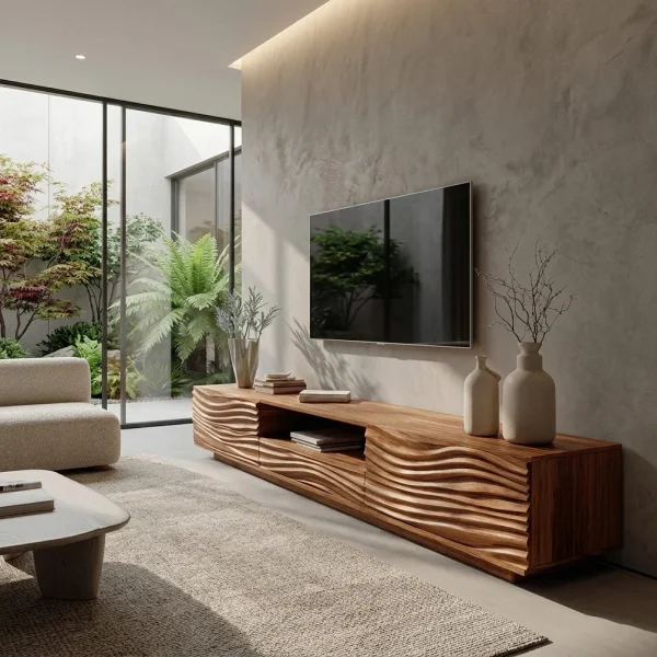 Modern Organic TV Console Sculpted Media Cabinet For Living Room