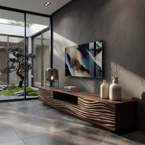 Modern Organic TV Console Sculpted Media Cabinet For Living Room