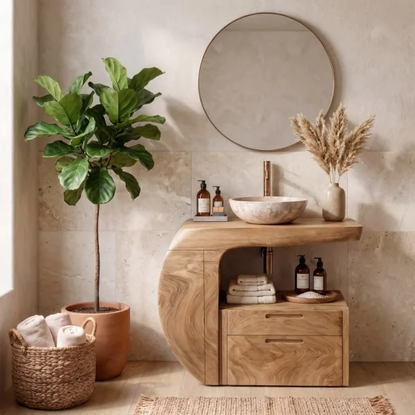 Modern Organic Wooden Bathroom Vanity With Storage Cabinet