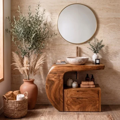 Modern Organic Wooden Bathroom Vanity With Storage Cabinet