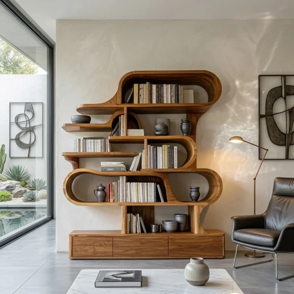 Modern Sculptural Bookshelf With Curved Design For Living Room Or Office