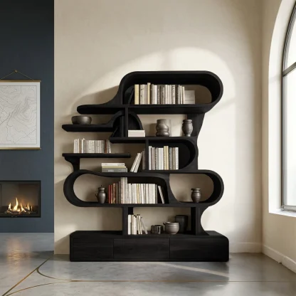 Modern Sculptural Bookshelf With Curved Design For Living Room Or Office