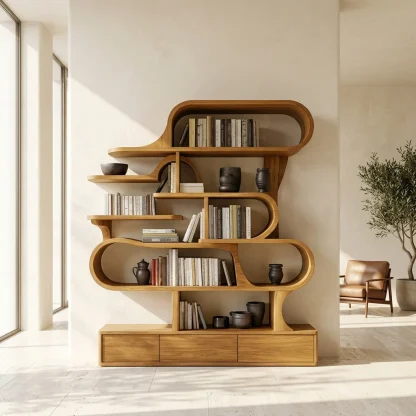 Modern Sculptural Bookshelf With Curved Design For Living Room Or Office