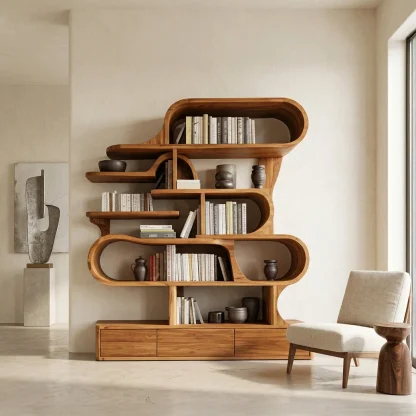 Modern Sculptural Bookshelf With Curved Design For Living Room Or Office