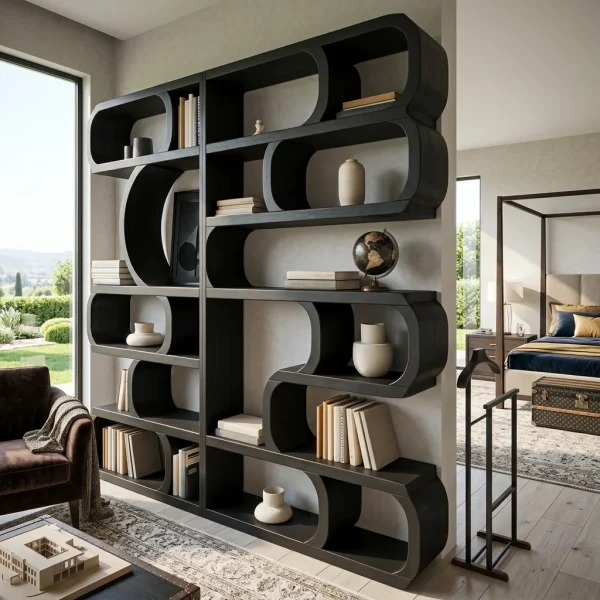 Modern Sculptural Bookshelf With Symmetrical Curves For Living Room Or Office