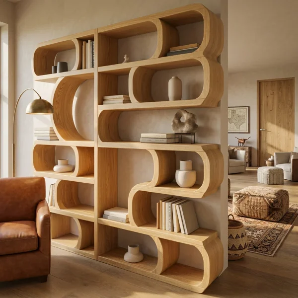 Modern Sculptural Bookshelf With Symmetrical Curves For Living Room Or Office