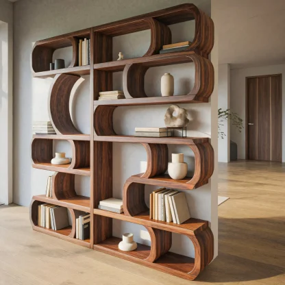 Modern Sculptural Bookshelf With Symmetrical Curves For Living Room Or Office