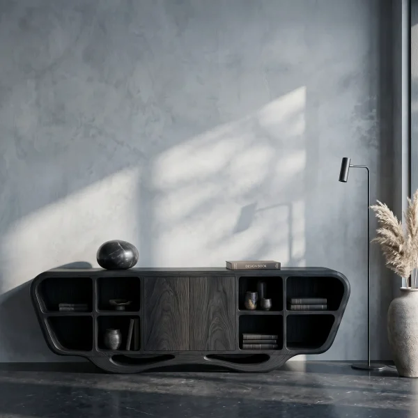 Modern Sculptural Open Shelf Sideboard For Living Room