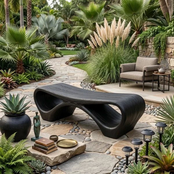 Modern Sculptural Outdoor Bench With Curved Design For Garden