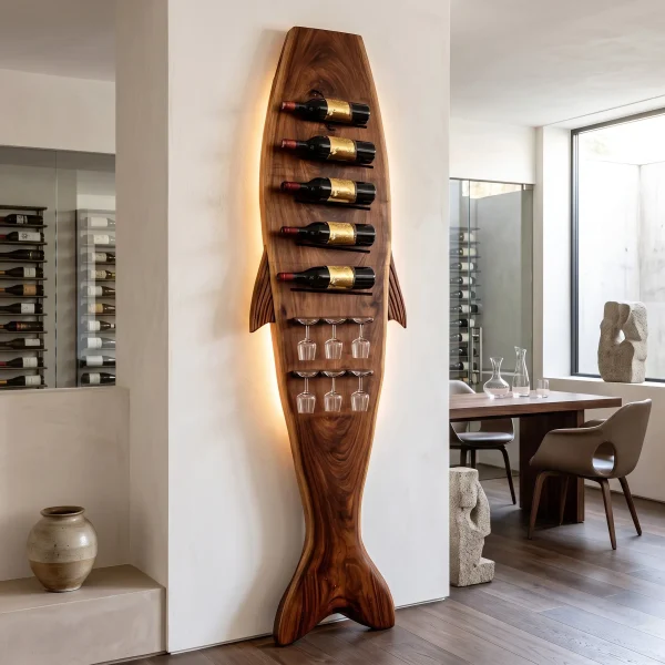 Modern Sculptural Wine Rack With Glass Holder For Dining Room