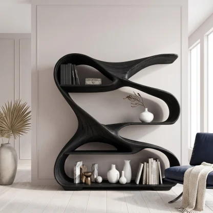 Modern Sculptural Wooden Bookshelf For Living Room Or Office Display