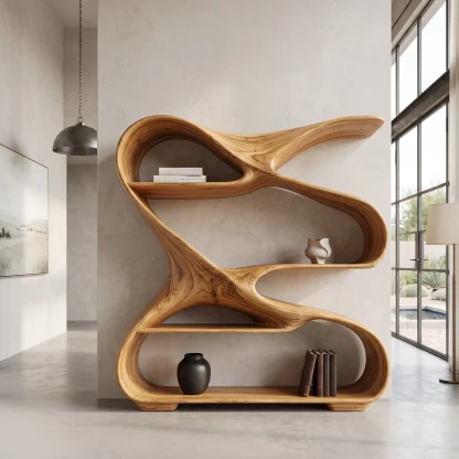 Modern Sculptural Wooden Bookshelf For Living Room Or Office Display