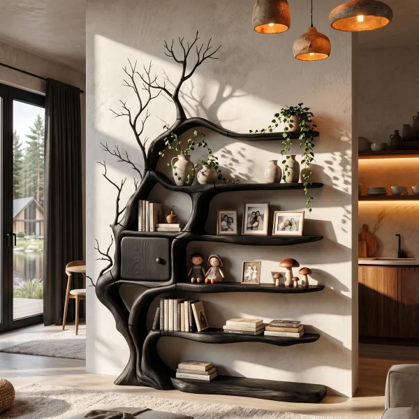 Modern Tree Bookshelf With Integrated Storage Cabinet For Living Room
