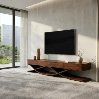 Modern TV Console With Interlocking Sculptural Base For Living Room