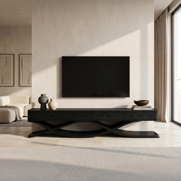 Modern TV Console With Interlocking Sculptural Base For Living Room