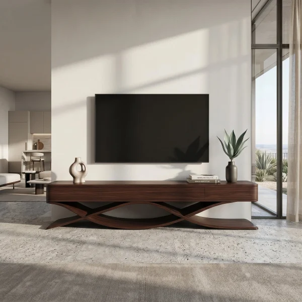 Modern TV Console With Interlocking Sculptural Base For Living Room