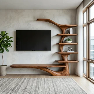 Modern TV Stand With Tree Inspired Shelf For Living Room