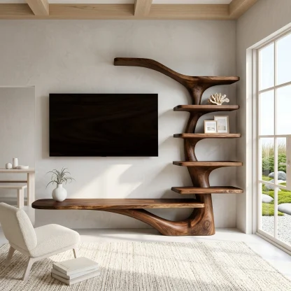 Modern TV Stand With Tree Inspired Shelf For Living Room