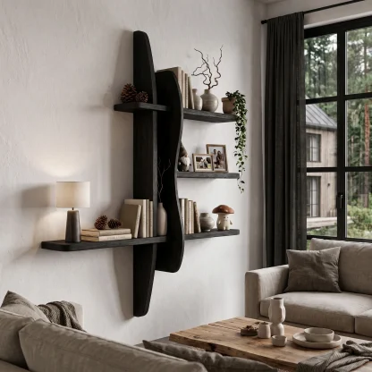 Modern Wall Bookshelf With Asymmetrical Open Shelves For Living Room