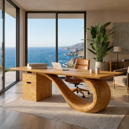 Modern Wooden Desk With Curved Base For Office