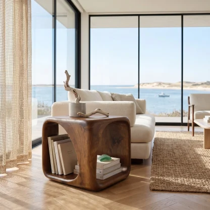 Modern Wooden Side Table With Sculptural Hollow Form For Living Room