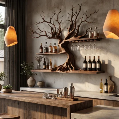 Modern Wooden Wine Rack With Sculptural Tree Frame For Kitchen And Dining Room