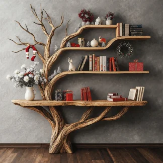 Narrow Floating Live Edge Side Table With Tree Bookshelf