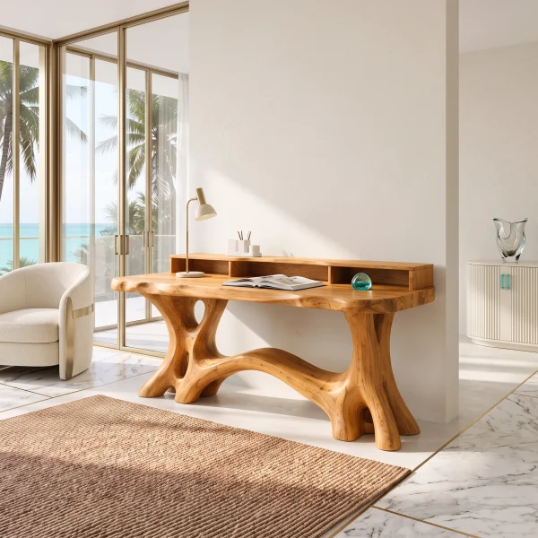 Natural Bookcase Desk With Tree Inspired Upper Storage For Study Room