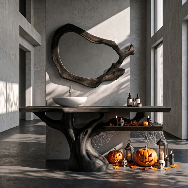 Natural Halloween Solid Wood Bathroom Vanity With Flowing Tree Form For Bathroom