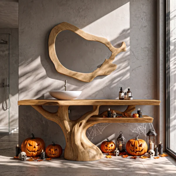 Natural Halloween Solid Wood Bathroom Vanity With Flowing Tree Form For Bathroom