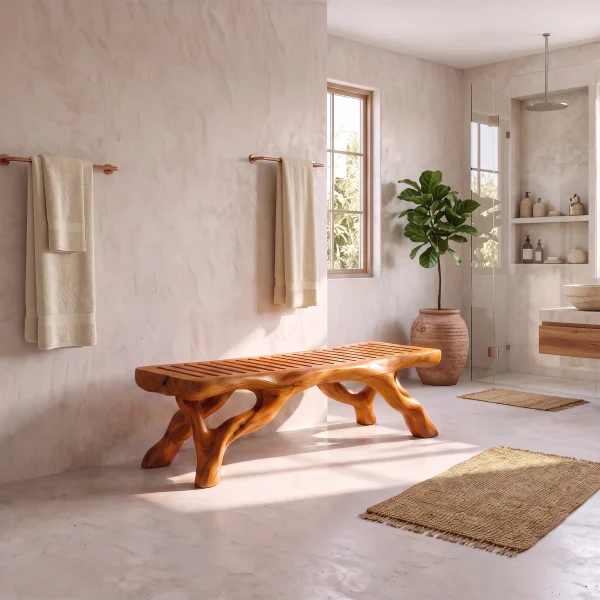 Organic Bathroom Bench With Branch Inspired Sculptural Legs For Bathroom