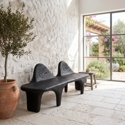 Organic Halloween Wooden Bench With Flowing Back Design For Entryway