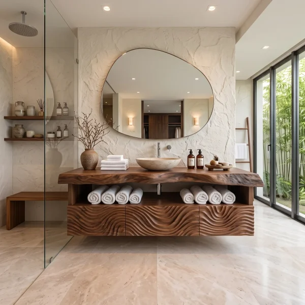 Organic Modern Floating Bathroom Vanity Wave Carved Drawers For Spa